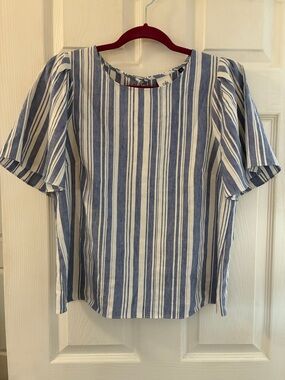 cabi Blue and White Vertical Stripe Short Sleeve Blouse